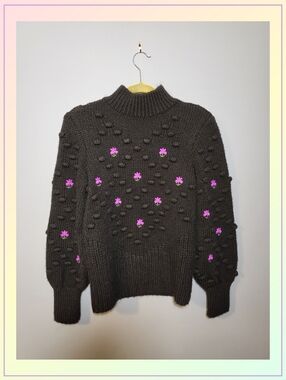 River Island Sz 6 Black Textured Pom-Pom Knit Sweater Violet Floral Embroidery